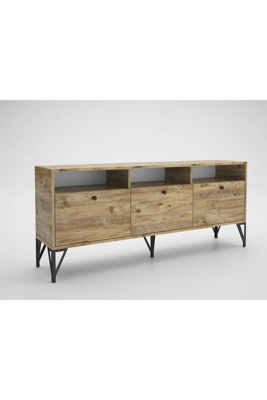 Rhea 160 Cm Dolaplı, Minifiks Bağlantı, Geniş Tv Ünitesi - Konsol - Atlantik Çam / Siyah